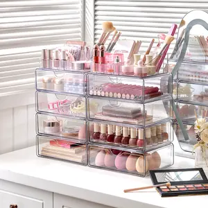 [2 Set] Vtopmart 5 Tier Clear Makeup Organizer with Drawer for Dresser Countertop & Bathroom Vanity Cosmetic Storage for Lipstick Brush Skincare Spacious Compartments Transparent Design Anti-Slip Silicone Pads Boxes New Year Gift