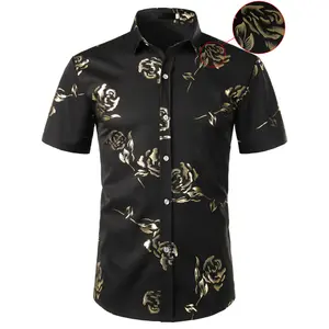 ZEROYAA Mens Hipster Gold Rose Printed Slim Fit Short Sleeve Button Down Dress Shirts