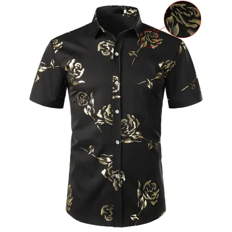 ZEROYAA Men's Korean Slim-Fit Short-Sleeve Button-Down Dress Top with Gold Rose Print Fabric - Casual Summer Style, Ideal for Dating, Perfect Gift for Boyfriend