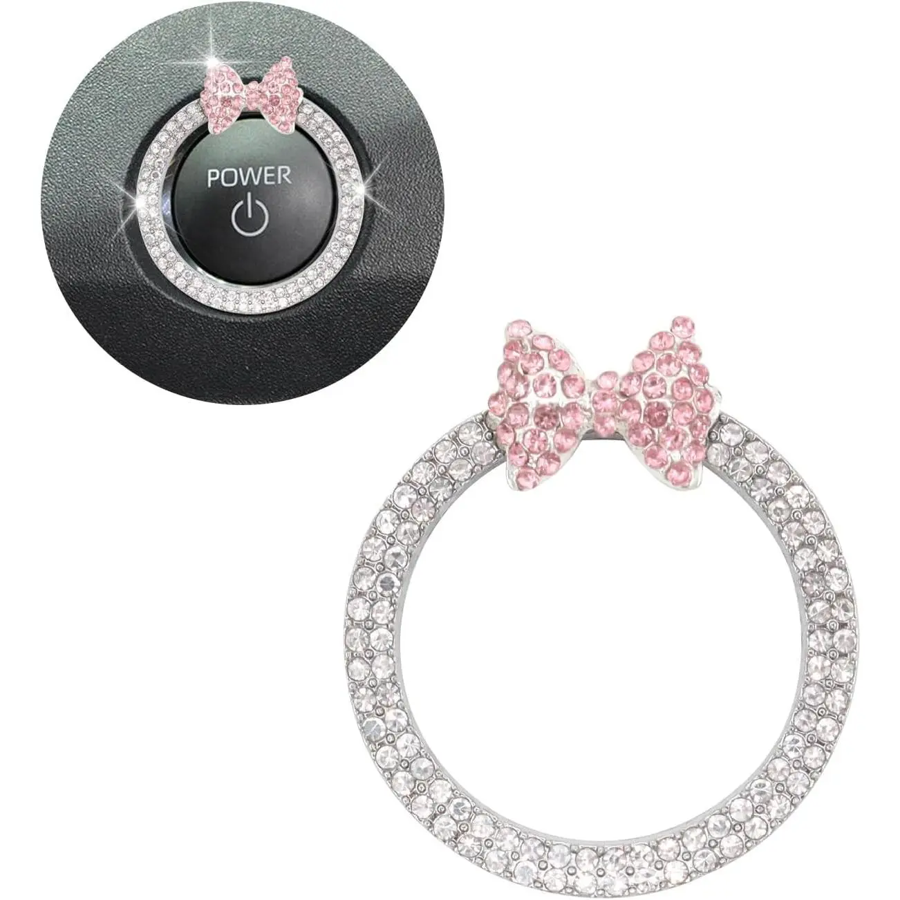 Pink Bow Car Accessories,Bow Tie Engine Start Button Ring,Bling Girly Silver Rhinestone Ring Start Stop Button Car Decor for Women,Ignition Ring Car Charm