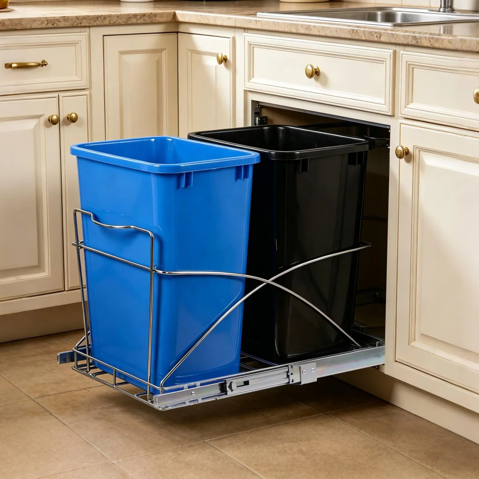 Zeny Hidden Under-Cabinet Smooth-Slide Steel Dual-Bin Trash Can Set, Kitchen Garbage Cans, Space-Saving Trash Cans for Kitchens