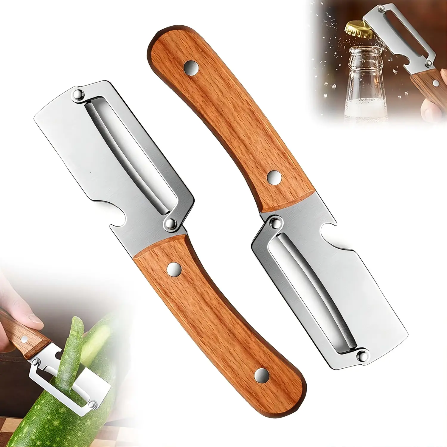2PCS Premium Multi-Functional Stainless Steel Vegetable Peeler Set - Sharp Blade, Wooden Handle, Bottle Opener, Ergonomic Design for Peeling Fruit, Veggie, Sugar Cane - Home Kitchen Utensils, Mom Gift