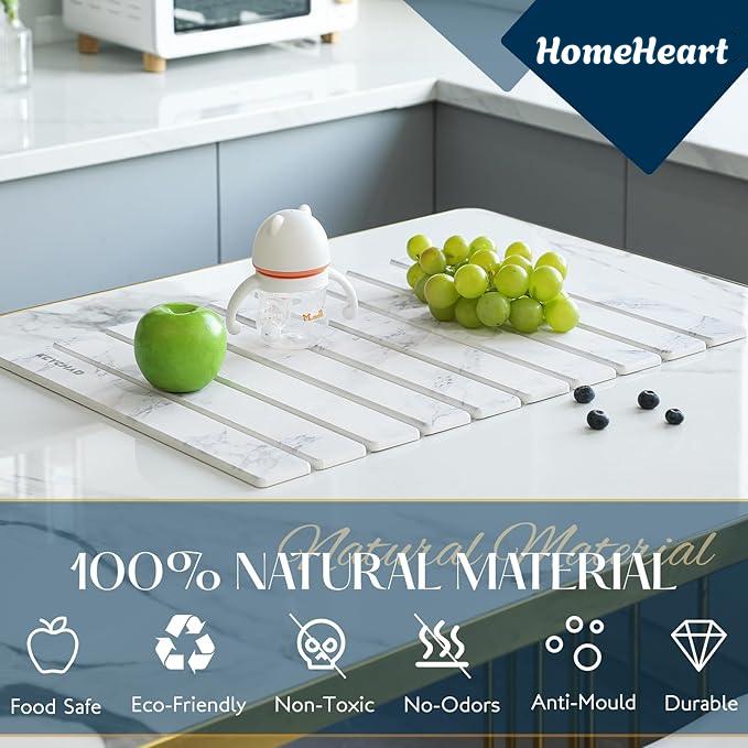 Large Stone Dish Drying Mat - 24" × 16"  for Kitchen Counter, Super Absorbent, Heat Resistant Dish Drying Mats, Eco-Friendly Diatomaceous Earth Stone Rack Tableware Mat ( White Marble) Coasters Stainless Steel Kitchenware