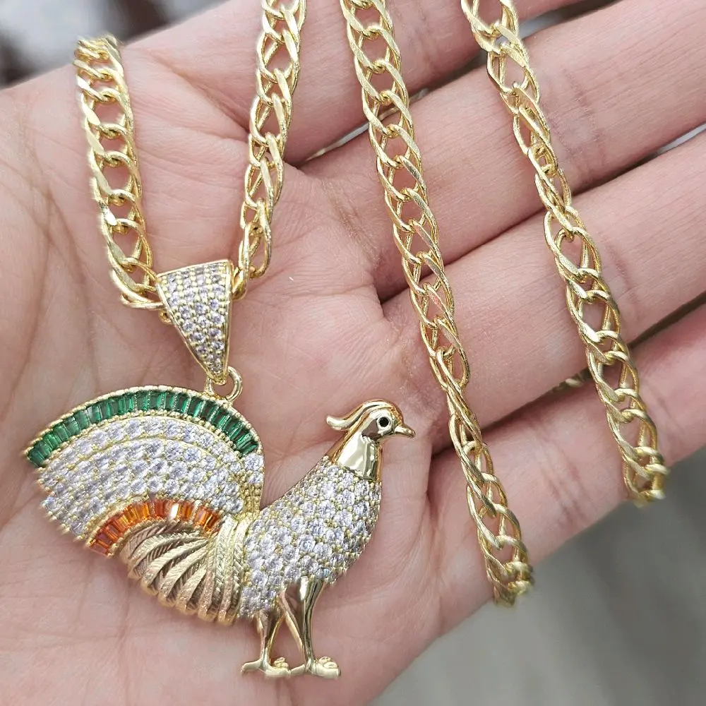 Gold Plated Rooster Pendant Necklace with Gemstone Accent and Long Chain for Stylish Wear