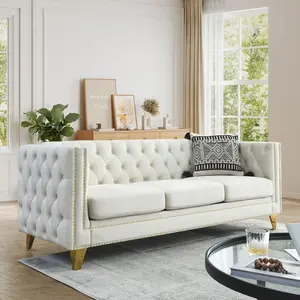 Chesterfield Sofa Couch Velvet 3 Seater Modern Couch with Button Tufted & Nailhead Trim, Upholstered Deep Seat Couch, Oversized Comfy Sofa for Living Room, Bedroom, Apartment, Office(80.5" W, Beige)