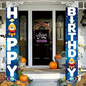 Giant Space Birthday Door Decorations, Planet & Rocket Party Ornaments, Happy Birthday Text, Large Size 12x70.8 Inches Outdoor-Indoor, Outdoor Banners