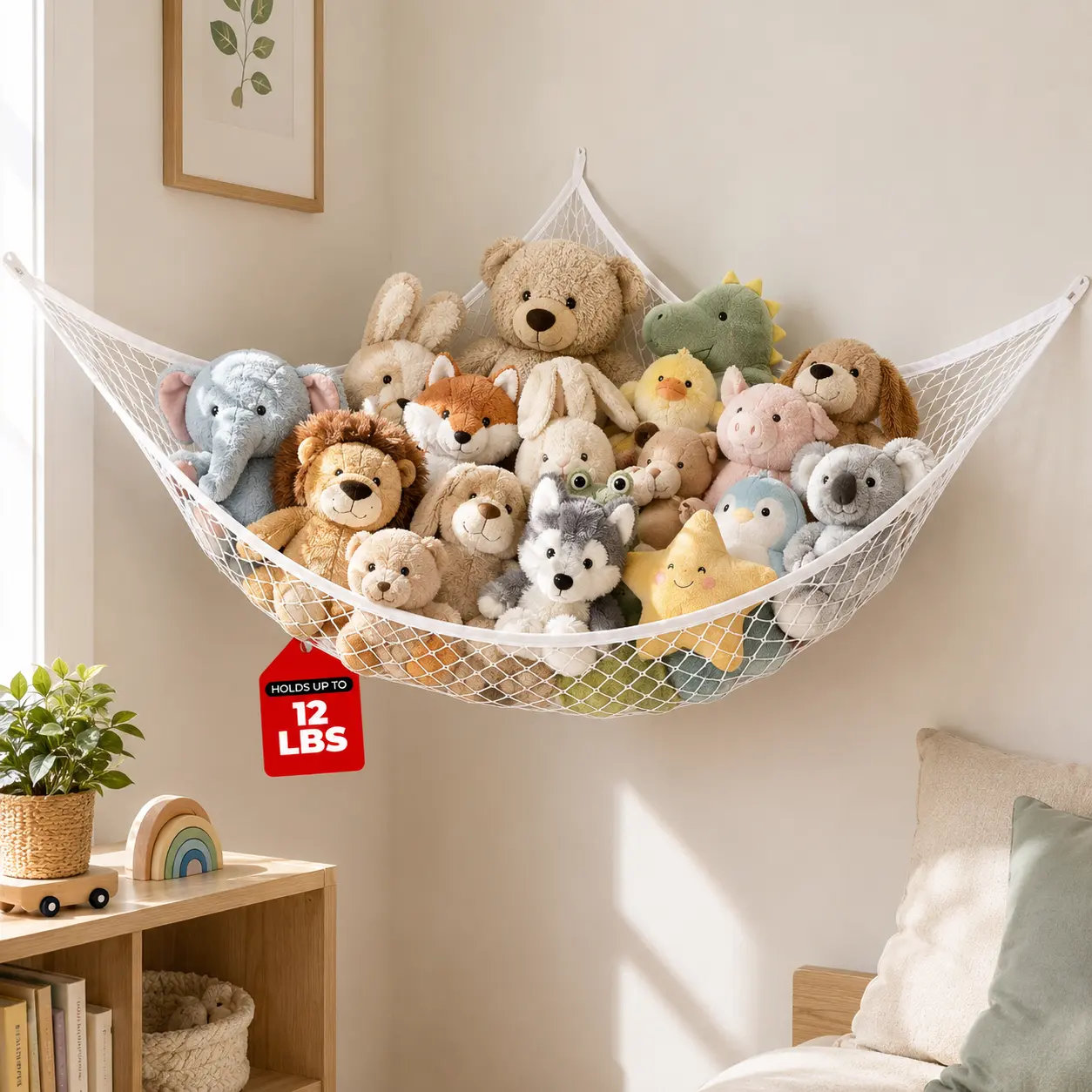 Hollow Out Design Toy Storage Hammock, Wall Corner Mesh Toy Net Toy Storage Organizer, Space-Saving Home Hanging Organiser for Cozy Bedroom