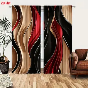 2D Flat  2-Pack Abstract Wave Pattern Curtains, Golden-Beige Wood Grain, Bold Red, Deep Black with White Edges, Symmetrical Fluid Design, Modern Artistic Living Room Bedroom Window Drapes