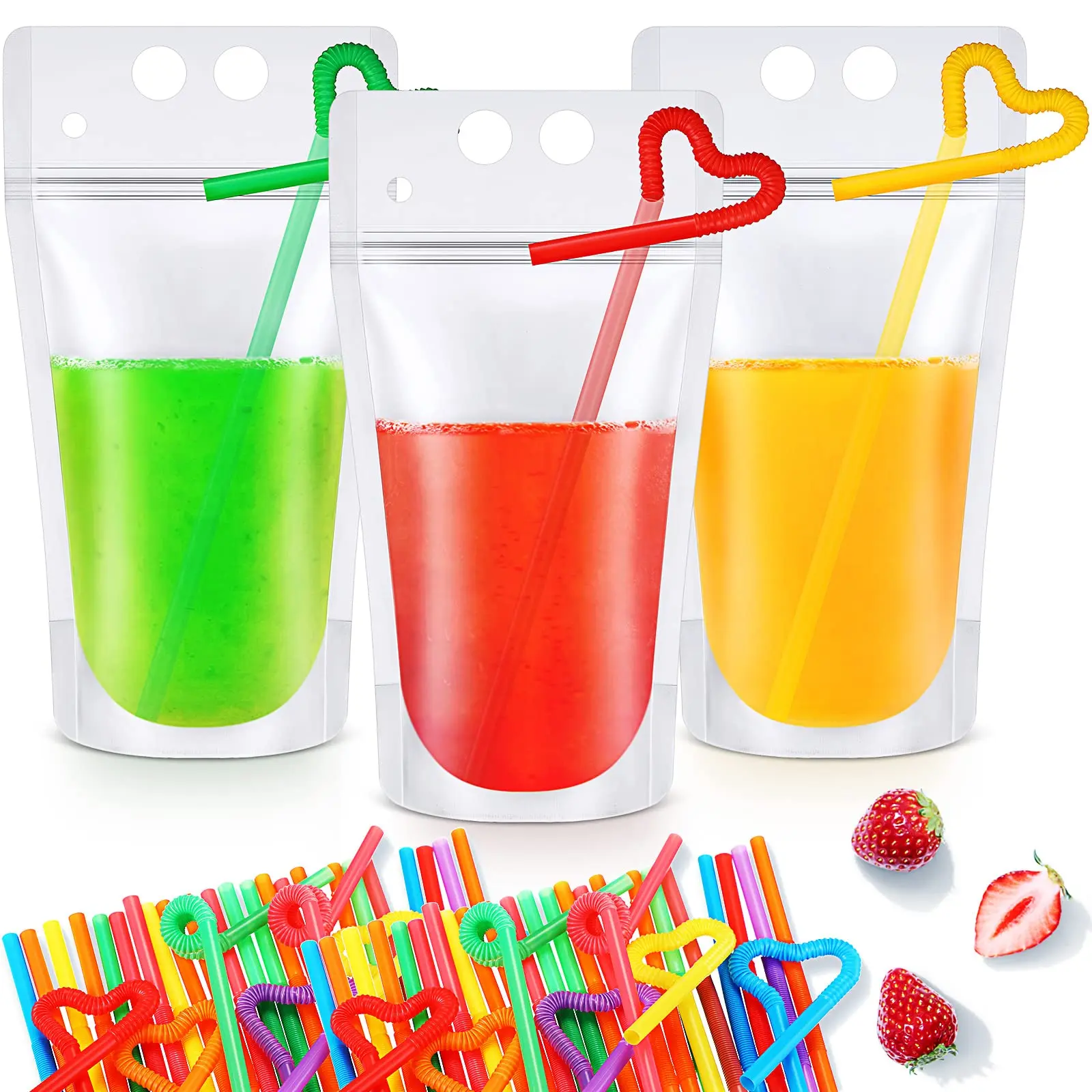 200 Clear Drink Pouches With Straws For Adults 16 Oz Resealable Zipper Stand Up Juice Bags Plastic Smoothies Container Cold Hot Drink(simple Style)