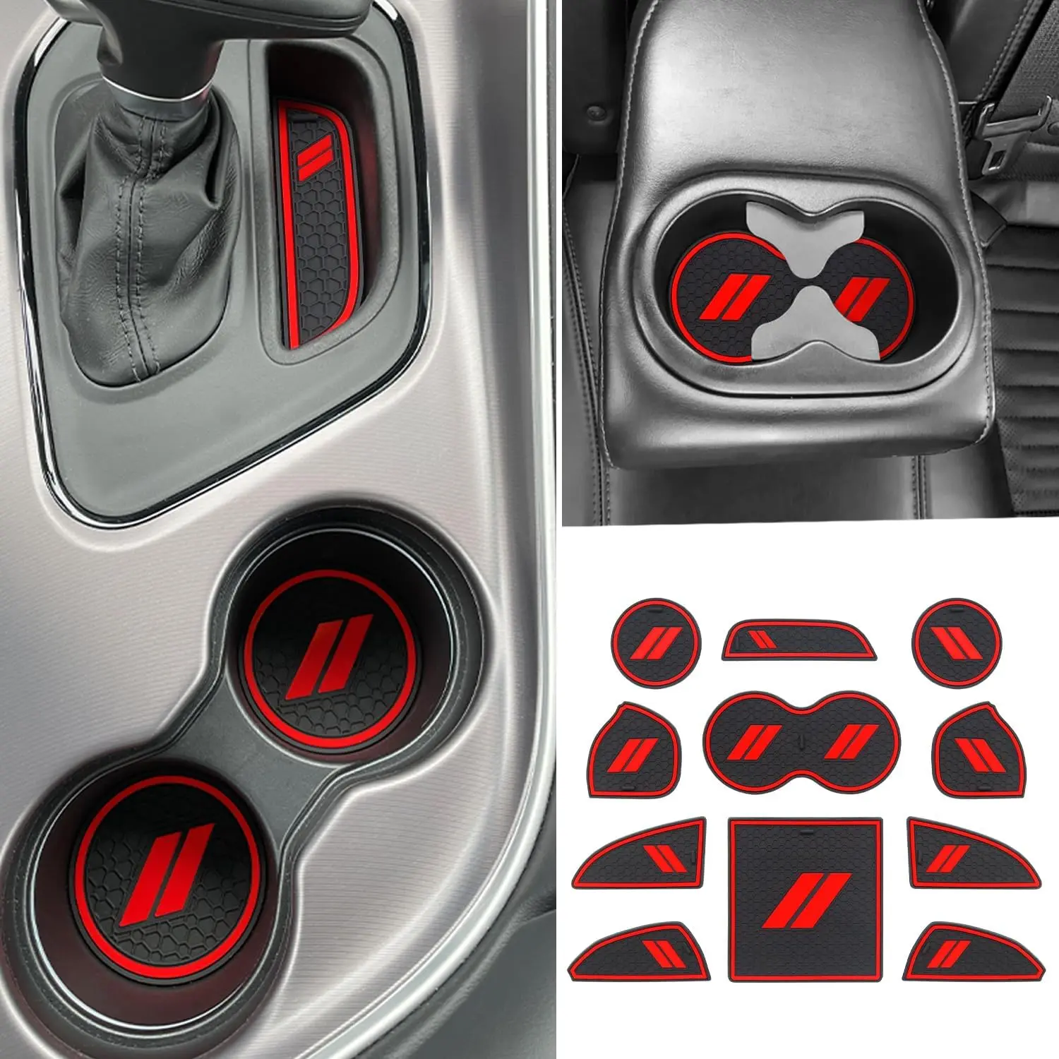 for Dodge Challenger Accessories 2015-2024 Custom Fits Cup Holder Insert Anti-dust Mats Door Pocket Center Console Liners (Red Trim) - 11 PCS/SetGift., Cup Holder Coaster, Rubber Mat