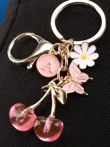 26 Initial Cherry Butterfly Bag Charm Pendants, Daisy & Cherry Bag Chain Charms, Personalized Sweet Coquette Bag Decoration Keychain, Custom Cute Girly Bag Pendant for Backpack Purse, Fashion Bag Charms, Ideal for Name Initials & Fruit Lovers