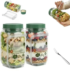32oz Salad Mason Jars with Side Openings and Leak-Proof Lids,Leakproof Lunch Container-Microwave, Dishwasher, and Freezer Safe- Salad Containers with Dressing Jars and Stackable Design for Meal Prep,Office, and Travel-BPA-Free Plastic Food Storage