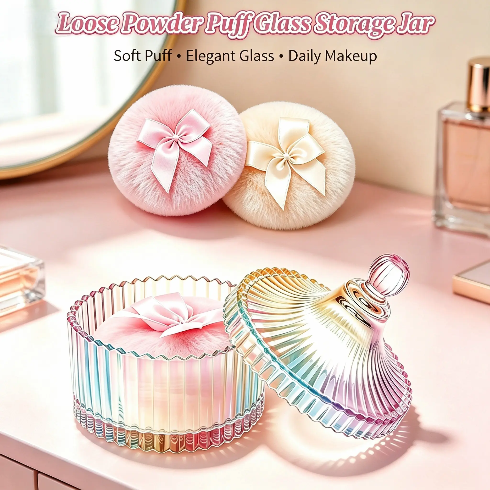 dusting powder jar with puff, Body Dusting Powder Storage Jar, Glass Jar Set With Soft Puff, Wet And Dry Dual-Purpose Makeup Puff Tools, Vanity & Bathroom Desktop Decor Ornaments, Ideal Birthday Gifts For Girls And Friends, Perfect Party Presents