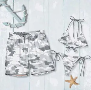 Camo Matching Couple Swimwear Set - Gray Camouflage Triangle Bikini & Men's Swim Trunks Summer Beach Outfit Vintage Animal Print
