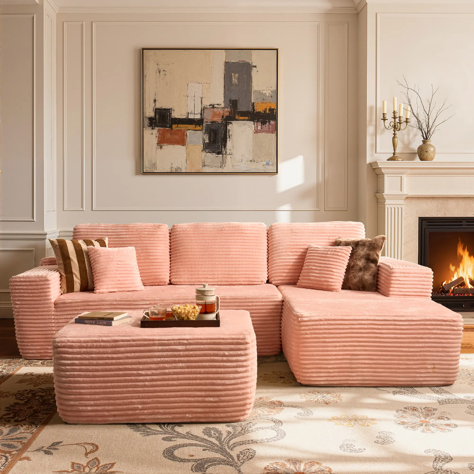 Pink Plush Corduroy Right Chaise