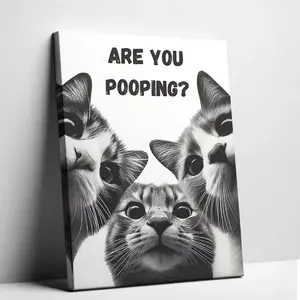 Funny Cat Bathroom Wall Art "Are You Pooping" Canvas Poster Humorous Toilet Sign Restroom Decor Black & White Print