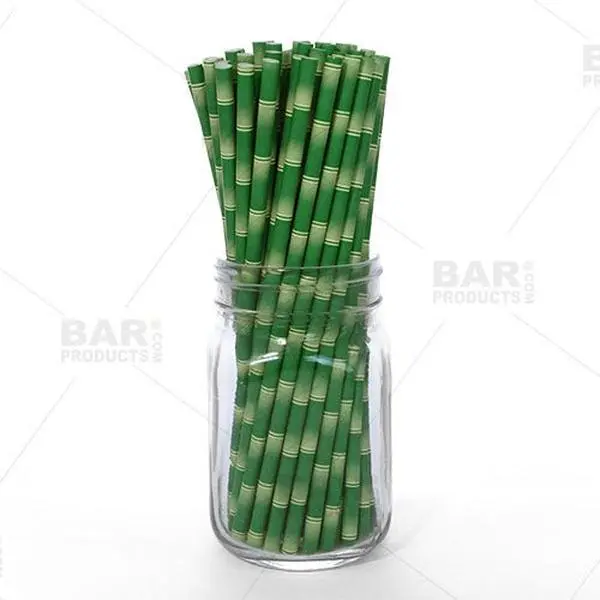 BarConic® Eco-Friendly Bamboo Paper Straws - 100-Pack, 8in (8 inches), 0.236in Diameter, Biodegradable Food-Safe Bar Utensils for Drinks, Tiki/Island Themed Parties, Bamboo Print