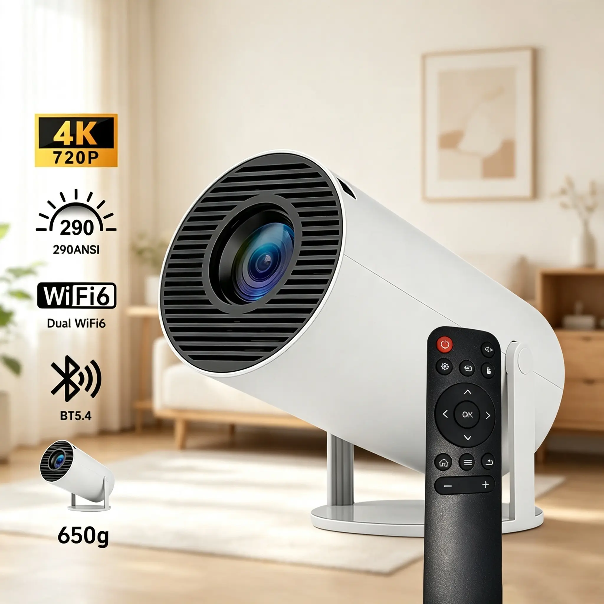 Mini Portable Tabletop LED Pico Smart Projector - 720P Full HD, 290 Lumens, Wireless Bluetooth 5.4, WiFi, Android OS, Auto Keystone, 180° Rotatable, 130" Screen, Built-In Speaker, Remote Control, Mount Compatible for Gaming, Watch Parties