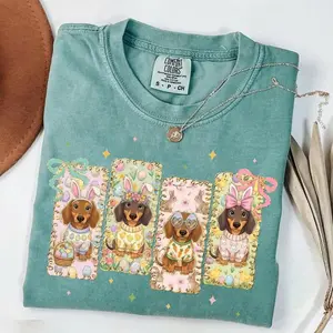 Comfort Colors Easter Dachshund Vintage T-shirt, Happy Easter Coquette Easter Bunny Spring Wiener Dog Glitter Easter Brushstroke Sausage Dog Easter
