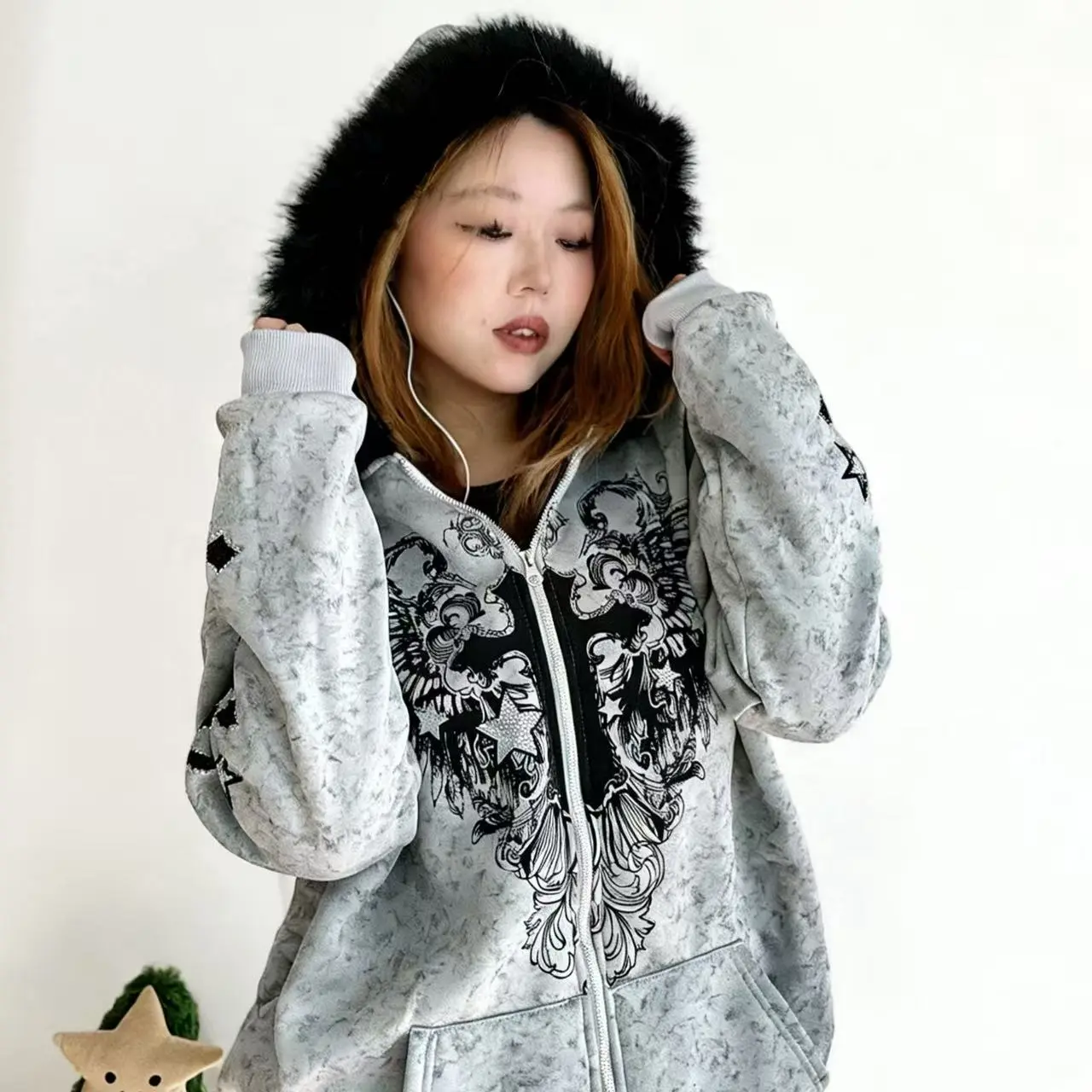 ALIELNOSIRRAH 'Divine Night' Gothic Cross Zip Up Hoodie Faux Fur