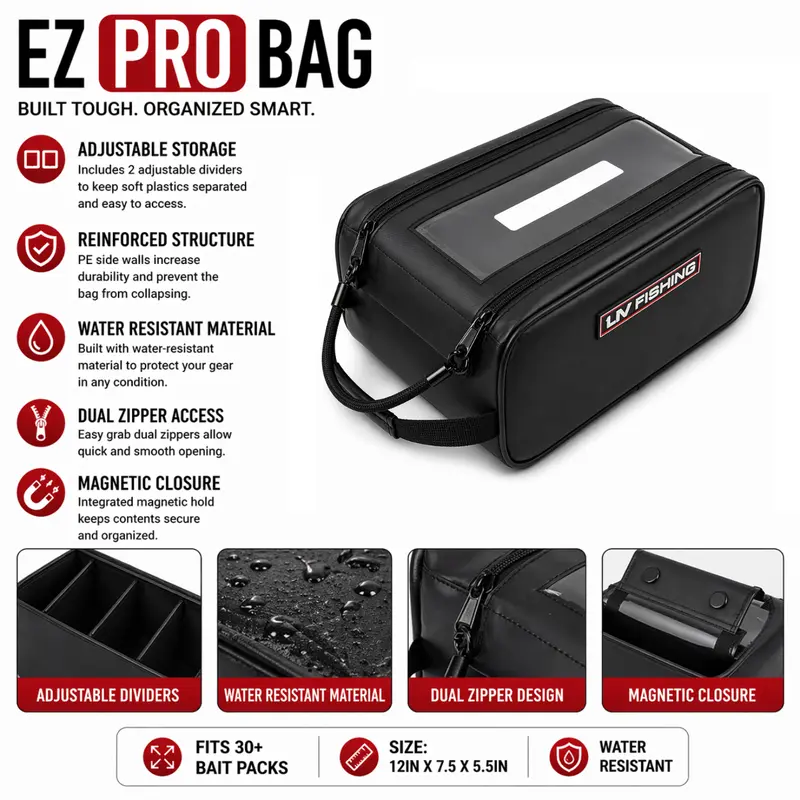 LIV Fishing EZ Tackle Bag - 12in Fishing Equipment Organizer with Water/Puncture Resistant Design, Clear-View Top, Dual Zipper System, Dividers, Magnetic Closure, Labeling Spot, Stacks 25+ Bags for Lures, Sports & Outdoor Protective Accessories