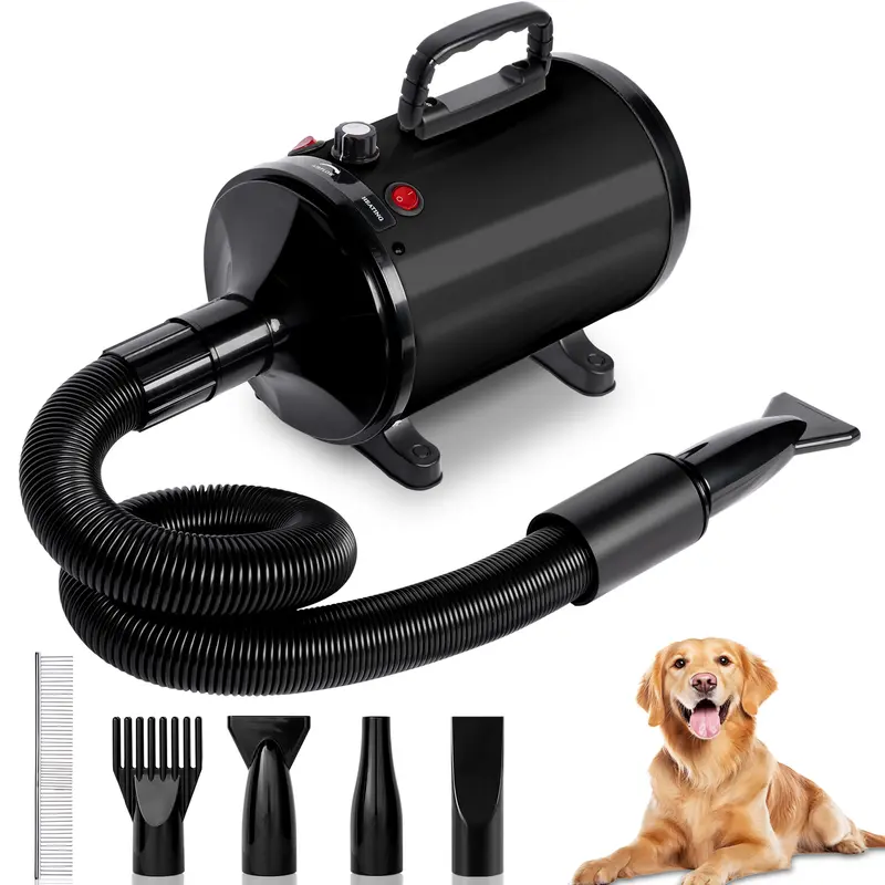 High Velocity Dog Hair Dryer Pet Grooming Tool - Noise Reduction High Velocity Force Blower with 4 Nozzles, Temp & Speed Tune, Heat Protection, Plastic Body, US Plug for Calm Drying Pet Supplies