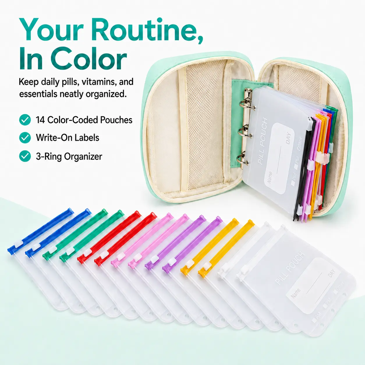 A8 Waterproof Pill Pouch Set - Large Weekly Pill Organizer with 14 Color-Coded Reusable Zippered Pouches for Fish Oils, Vitamins, Home & Travel Medication Storage Accessory