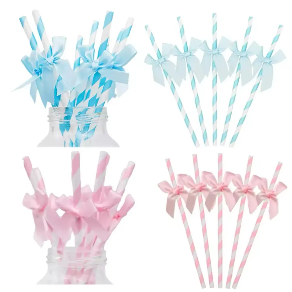 Ribbon Bow Drinking Straws (10pcs), Soft Straw, Cute Straws, Paper Straws, Utensils, Charming Ribbon Bow, Perfect for Gender Reveal Party Decorations, Baby Shower Supplies, Wedding Favors, Birthday Celebrations
