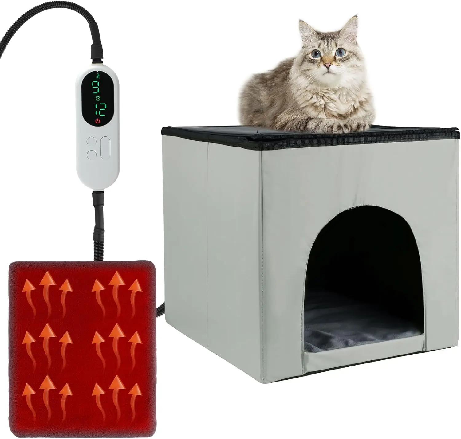 Heated  House for Indoor/Outdoor, Foldable Heated  Bed with Heating Pad, Adjustable Temp&Timing,  Cube Warming Cats Cave Bed for Indoor Kitty Puppy Small Pet Hideaway in Winter