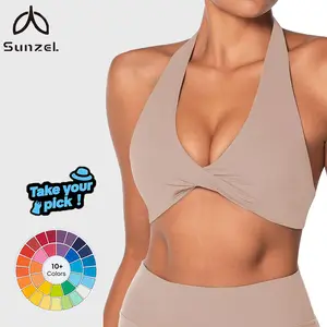 Sunzel women’s halter neck sports bra, twist-front yoga crop top with removable pads, open-back V-neck bra for gym workouts