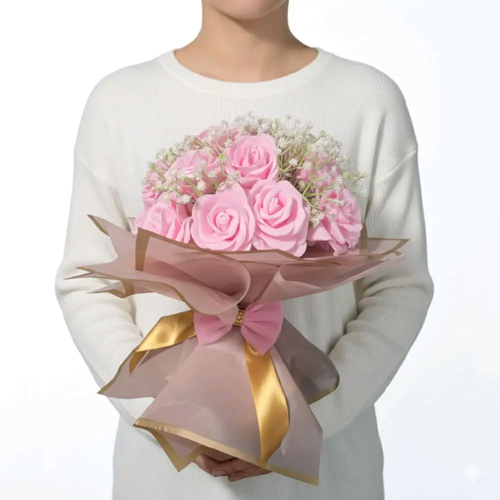 Flower Bouquet Gift Small Pink Roses with Gold Ribbon Packaging for Gifting and Decorative Use Compact Stylish Artificial Flowers