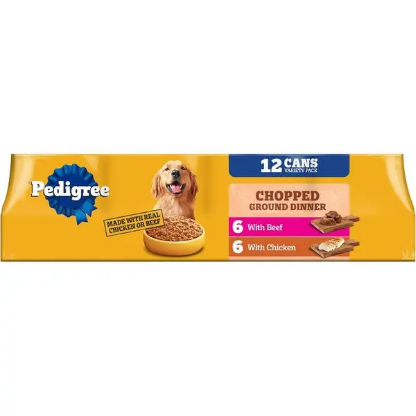 Pedigree Chopped Ground Dinner Wet Dog Food Chicken & Beef Variety Pack, Canned Dog Food, 13.2 oz. Cans (12 Count, Pack of 1)