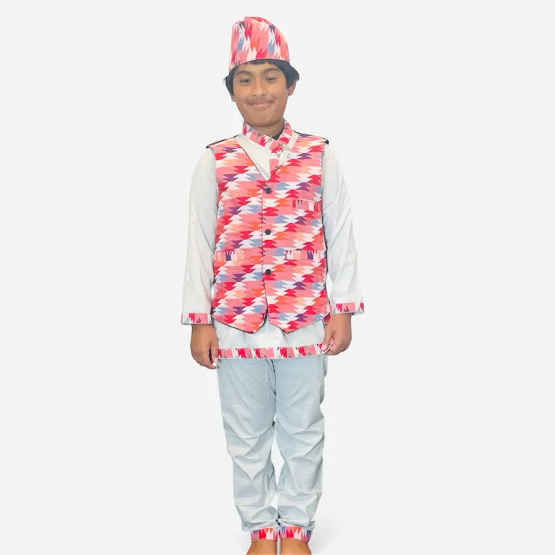 Nepali Daura Surwal Traditional Outfit with Red Geometric Patterns and Matching Pants and hat
