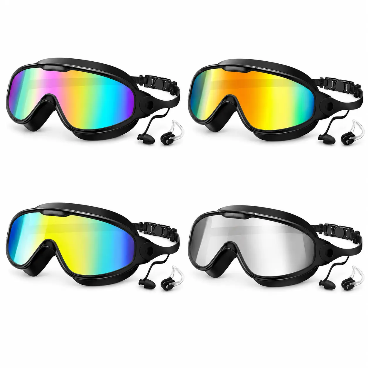 Adults Swim Goggles 4/2Pack, 180° Wide View Anti Fog&UV Comfort Fabric Strap No Leaking Swimming Goggles for Adult Men Women Youth