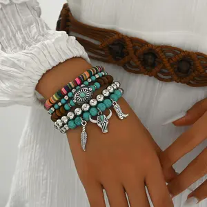 Western Cowboy Style Retro Turquoise Imitation Bracelet Set 5 Pieces Elastic Cord Jewelry for Everyday Wear Vacation Dates and Other Occasions Delightful Exquisite Small Gift