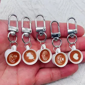 Silver-Plated Mini Latte Art Coffee Cup Keychain Set (Pack of 5), Cute Coffee Lover Bag Charm with Realistic Design
