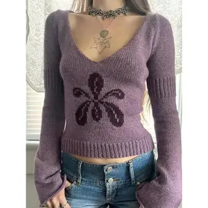 Autumn Winter New Fashion Vintage Floral Jacquard Slim Fit Long Sleeve Sweater V Neck Y2K Aesthetic Pullover Knitwear（gift）