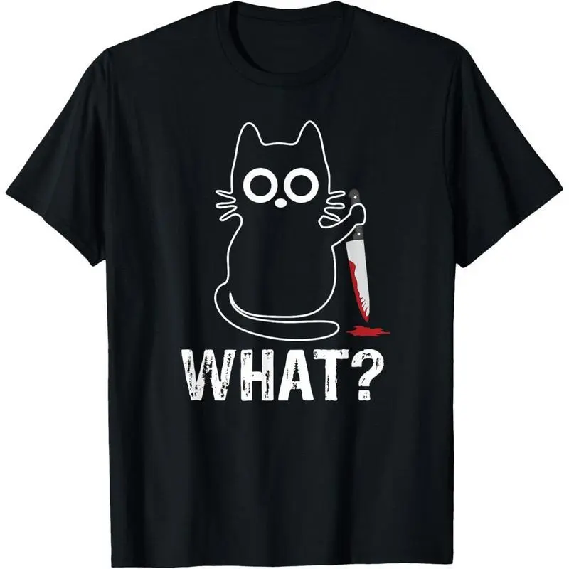 Men's Basic Casual Streetwear Short Sleeve Crewneck Tee - Cotton Fabric, Humorous "What?" Cat and Knife Graphic Art, All-Season Menswear Top, Round Neck