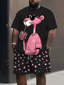 Cool summer fashion cartoon pink leopard print clothing with 3D digital print. New season men's top and pants two-piece outdoor casual sportswear. With drawstring. Men's large size round-neck short-sleeved T-shirt and shorts set. Large size.