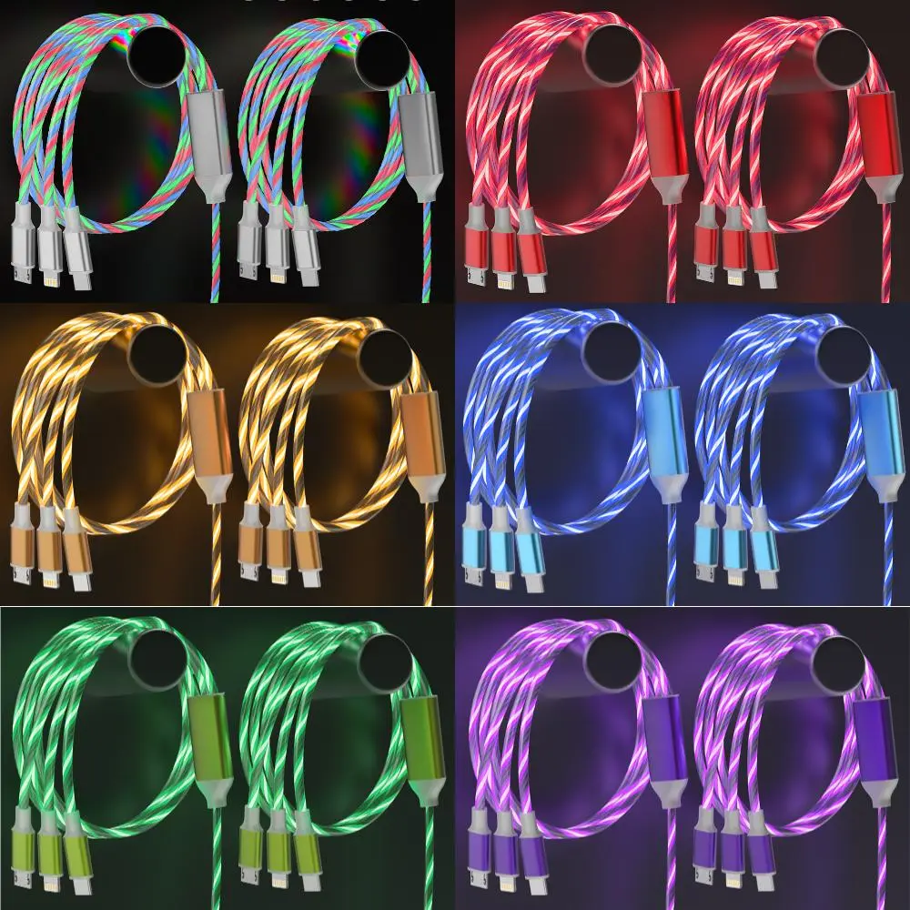 2 Pack Car LED Flowing Light Charging Cable, 3-in-1 Streamer Glow Fast Charger Cord for iPhone Android Type C No Tangle