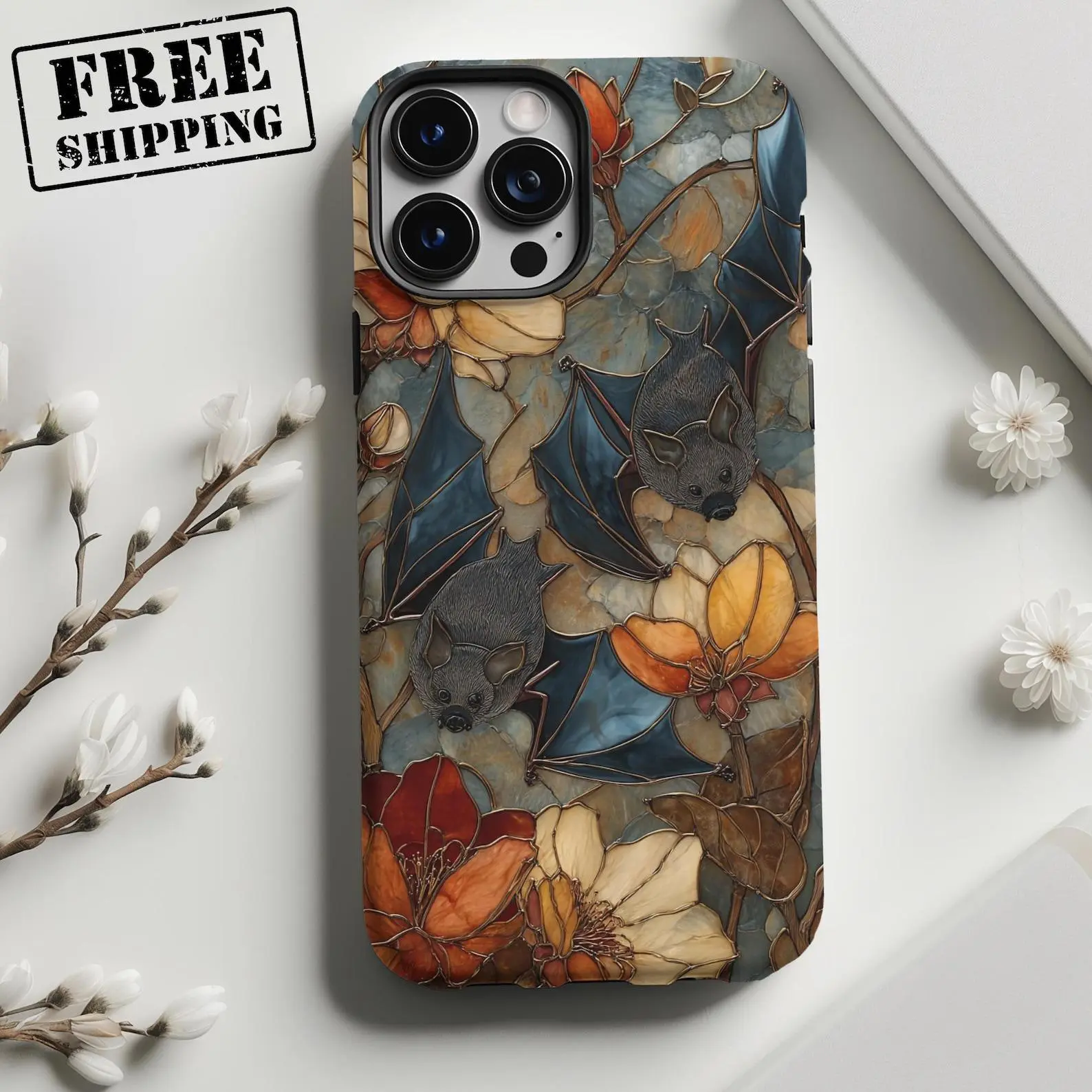 Wildflower Bats Phone Case, Stained Glass Personalized Initial Phone Cover, Floral Custom Protective Case for Most Smartphones