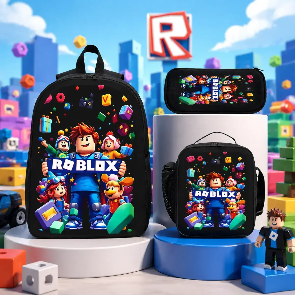 1/3PCS Roblox Backpack Set for Kids, Gaming Character School Bag Set with Lunch Box & Pencil Case, Lightweight Durable Bookbag for Boys & Girls, Back to School Gift for Students & Teens