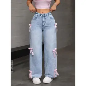 Ladies' Loose Straight Leg Jeans with Pink Bow Mid Waist Elastic Waistband Non Elastic Denim for Street Dance & Casual Wear Machine Washable baggy jeans stacked jeans bootcut jeans