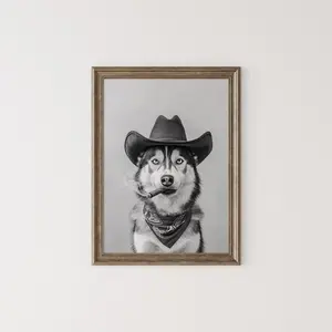 Siberian Husky Cowboy Western Black and White Unframed Wall Art, Huskies Gift Western Vintage Dog Poster Trendy Retro Decor