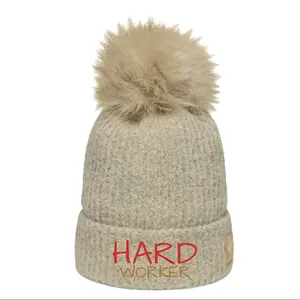 "Hardworker" Pom-Pom Beanie - Soft Microfleece Lining, Faux-Fur Pom, Unisex Fit, Winter Gear for Cold-Weather Warriors