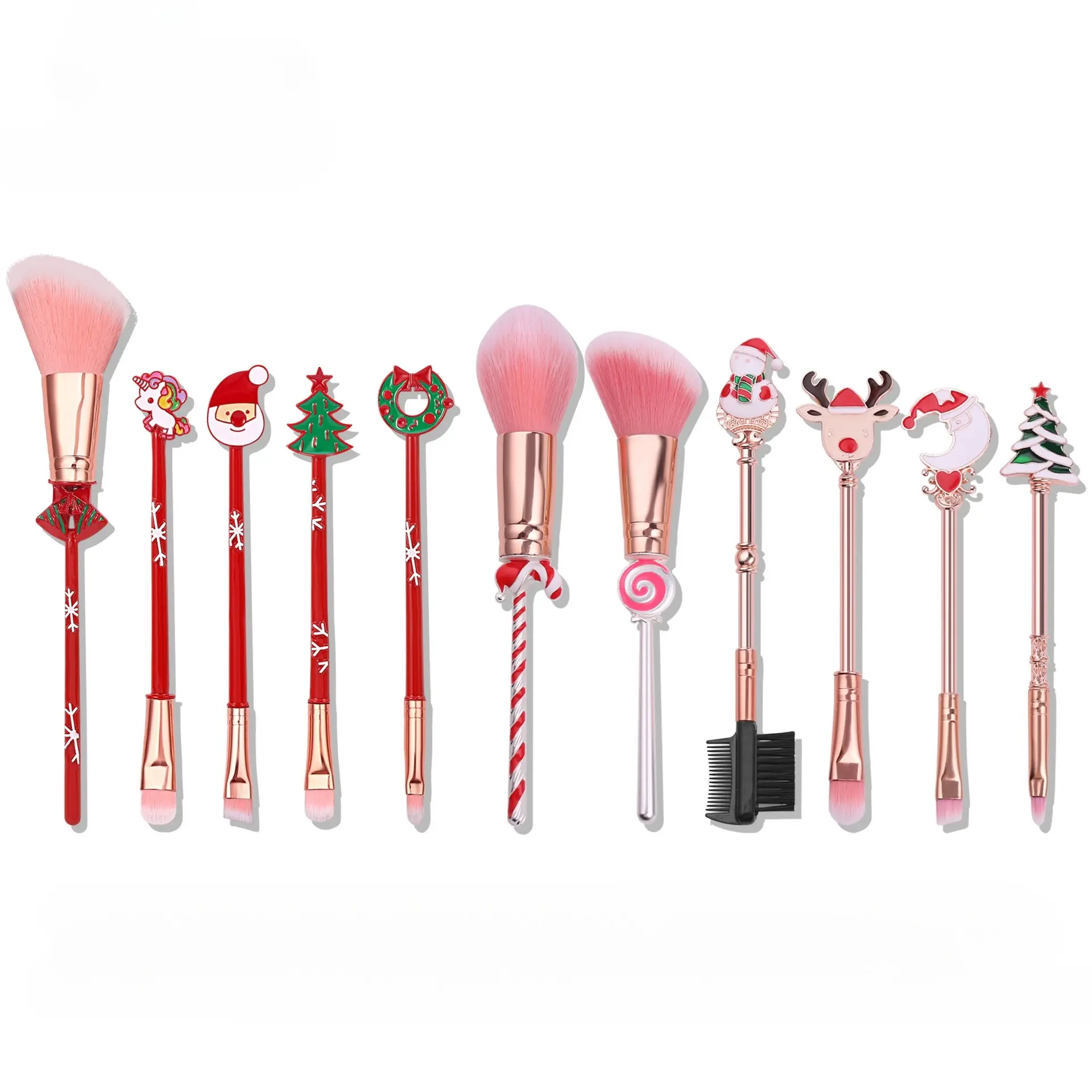 ​Christmas  Makeup Brush Set - Perfect Gift with Festive Christmas Tree & Reindeer Designs (Eyeshadow, Foundation, Powder & Detail Brushes)​​