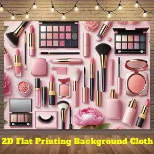 1pc Makeup Vanity Banner - Elegant Pink & Golden Cosmetic Design with Brushes, Lipsticks, Eyeshadows - Durable Polyester Fabric Backdrop for Photography, Party Decor, Live Streaming - Indoor/Outdoor Decoration for Halloween, Christmas, Weddings, Photo