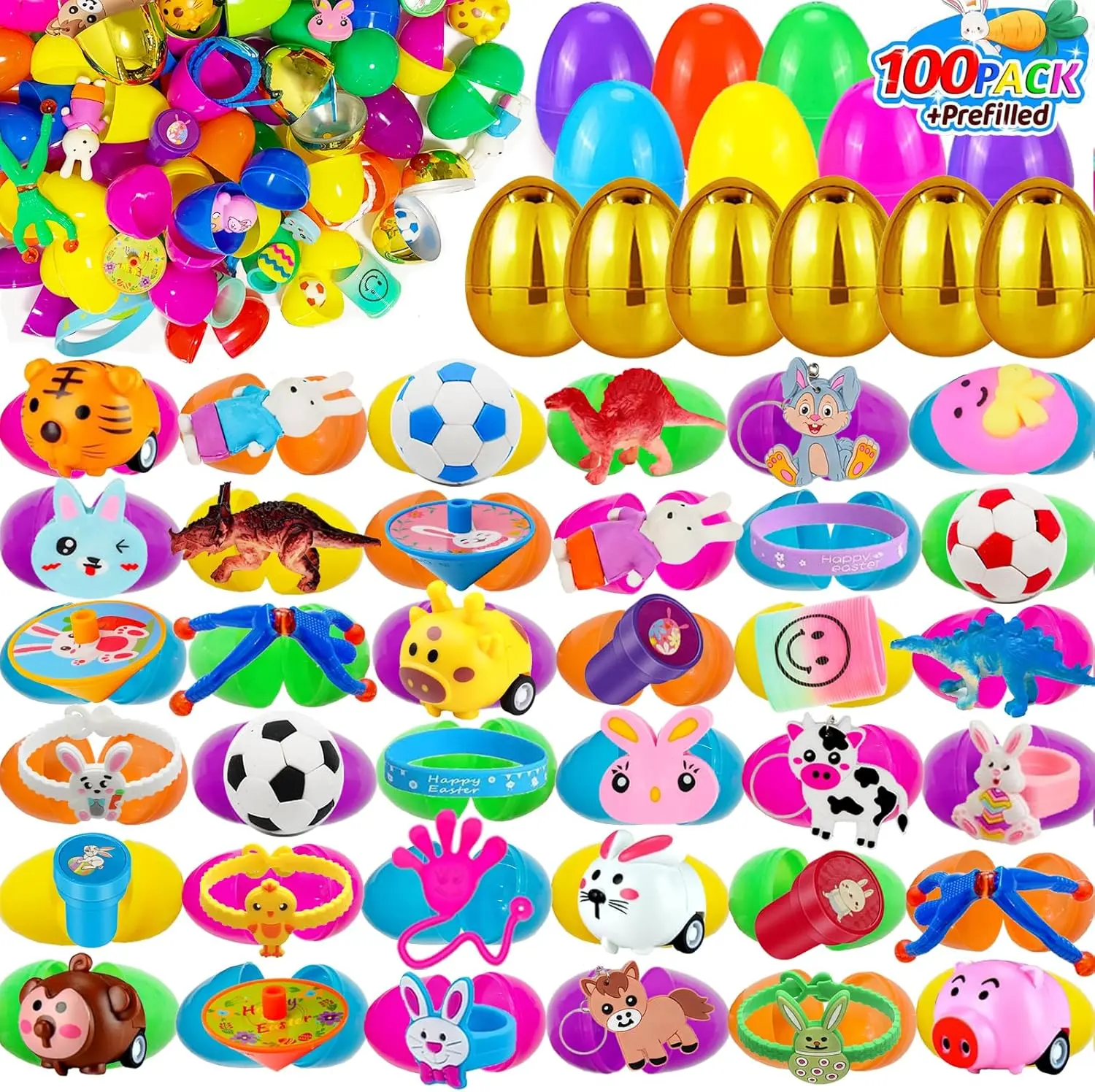 100 Pack Prefilled Easter Eggs with Toys Inside, Plastic Eggs Fillers Basket Stuffers Easter Eggs Hunt Games Party Favors Gifts