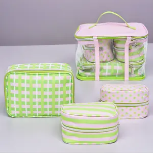 The Crème Shop Deluxe Travel Makeup Case Set, 4 Pieces, Pink & Green Cosmetic Organizer, Travel Makeup & Toiletry Bags
