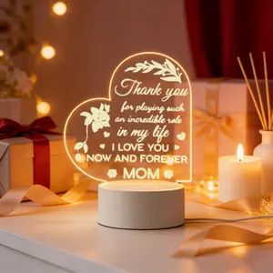 Thank You Mom Heart 2D Acrylic LED Night Light, Warm White USB Bedside Lamp, Mother's Day Birthday Gift for Mom, Bedroom Home Decor